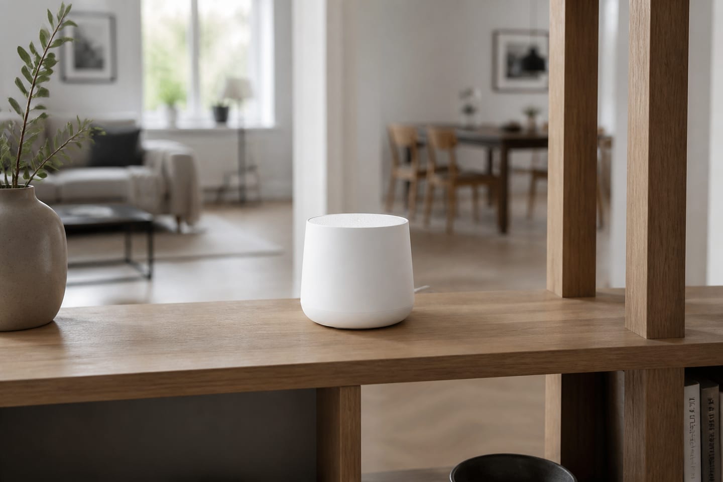 Meshrouter placerad öppet på en hylla mellan två rum.