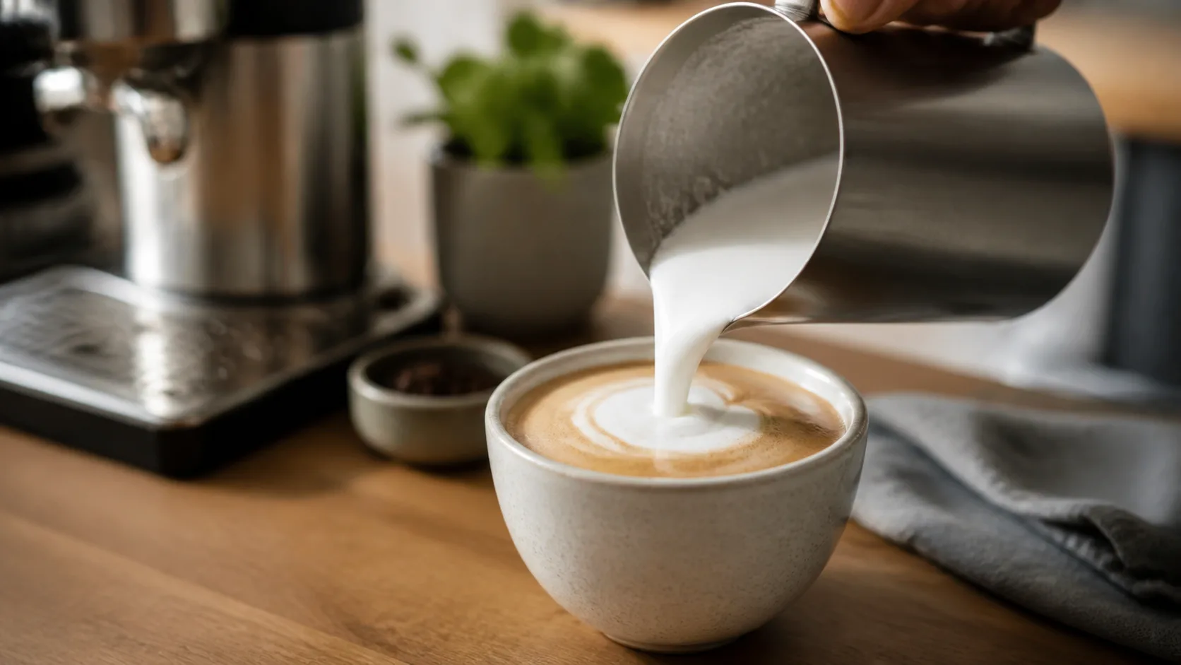 Glansigt fint mjölkskum hälls i en kopp kaffe.