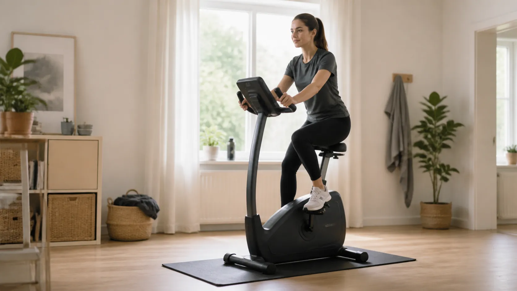 Person som tränar på en motionscykel i ett ljust hemmagym.
