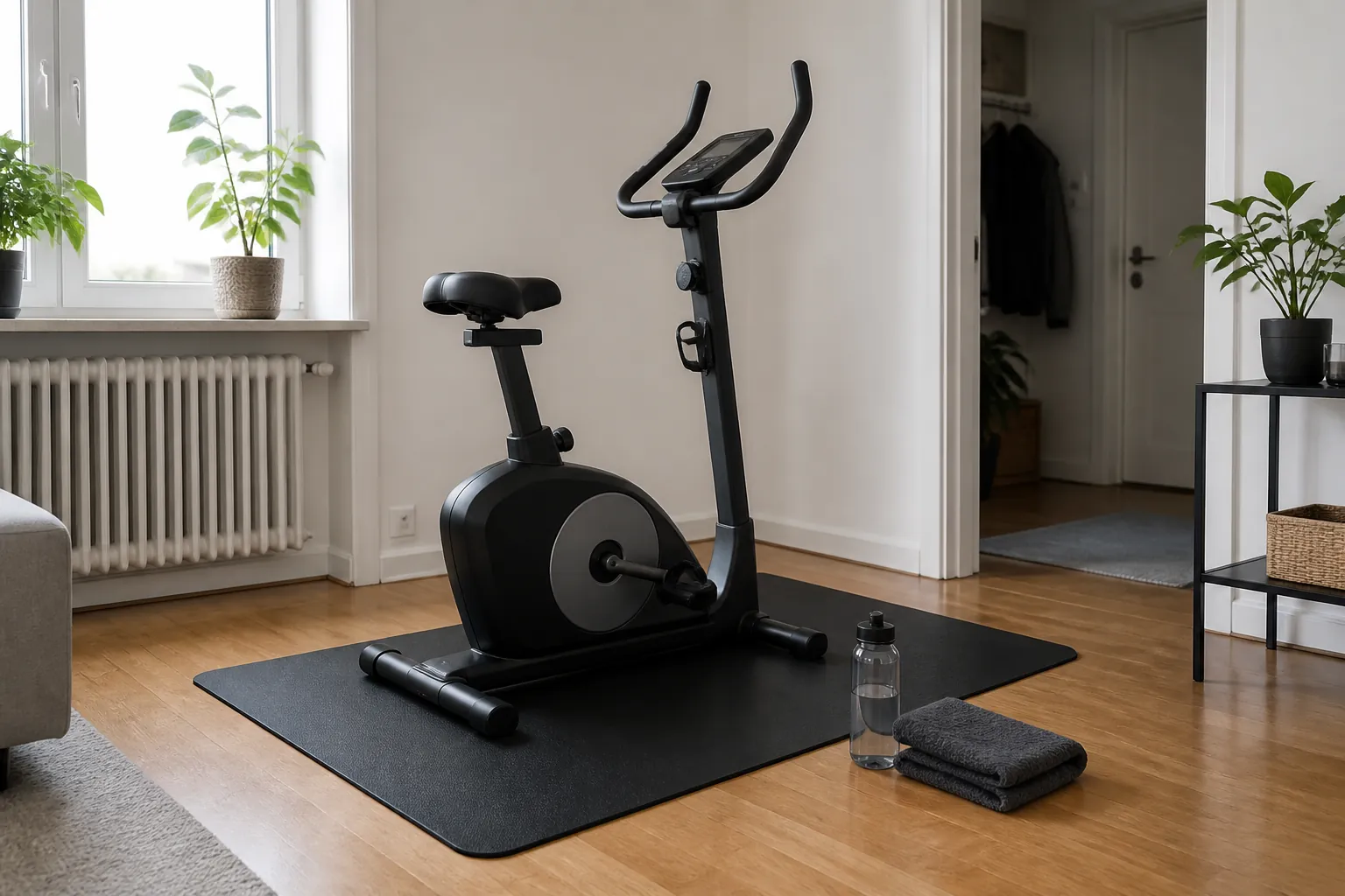 Motionscykel placerad på en skyddsmatta med fri yta runt maskinen.