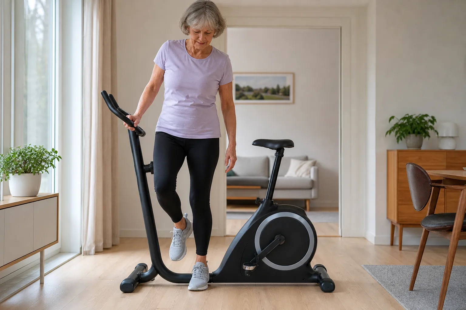 Äldre person som kliver på en motionscykel med lågt insteg.