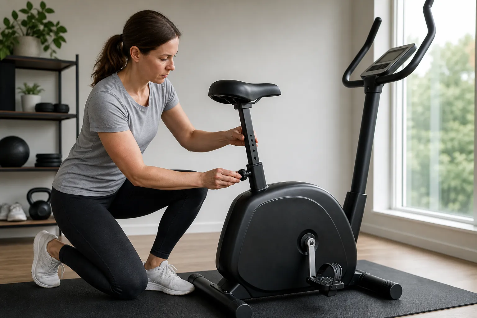 Person som justerar sadelhöjden på en motionscykel före träningspasset.