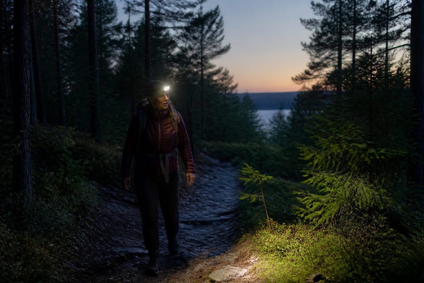 Pannlampa utan synligt varumärke som lyser upp en svensk skogsstig i skymning.