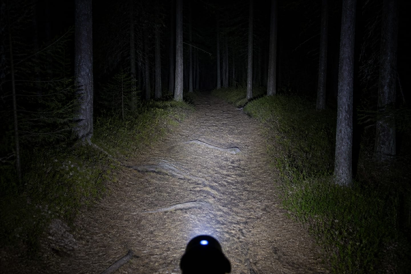 Två olika ljusbilder från pannlampor på en mörk stig.