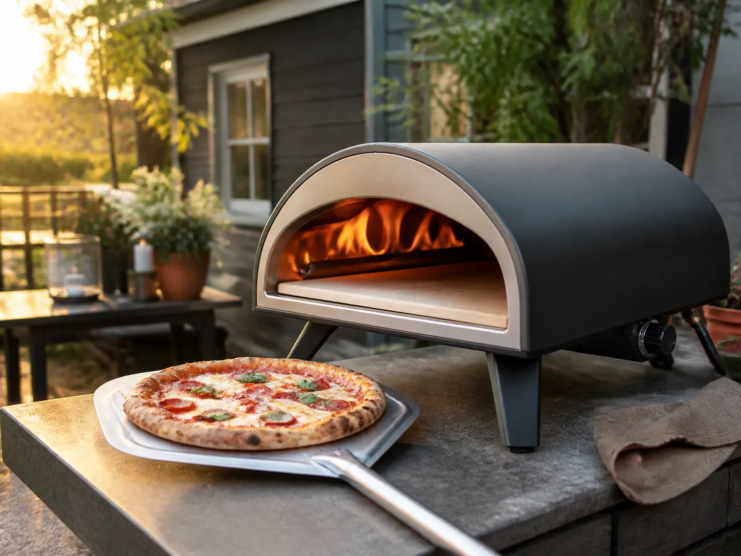 Gasdriven pizzaugn på en stabil uteplats med pizzaspade och nybakad pizza.