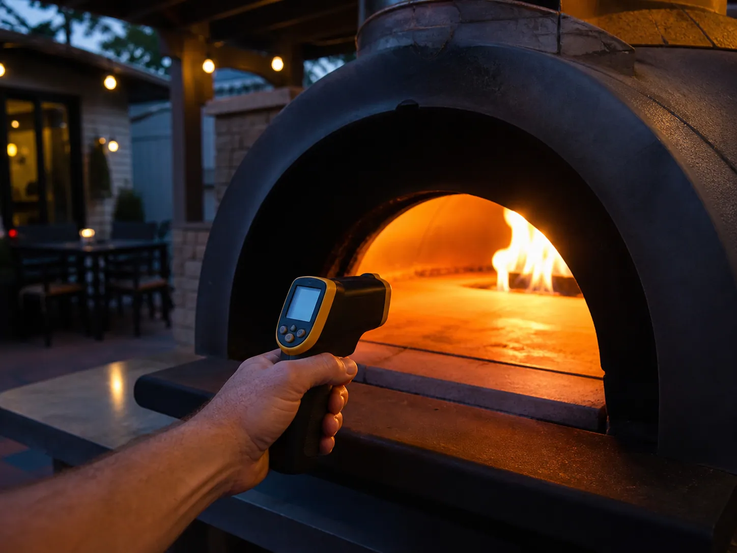 Pizzastenens temperatur mäts med infraröd termometer genom ugnens öppning.