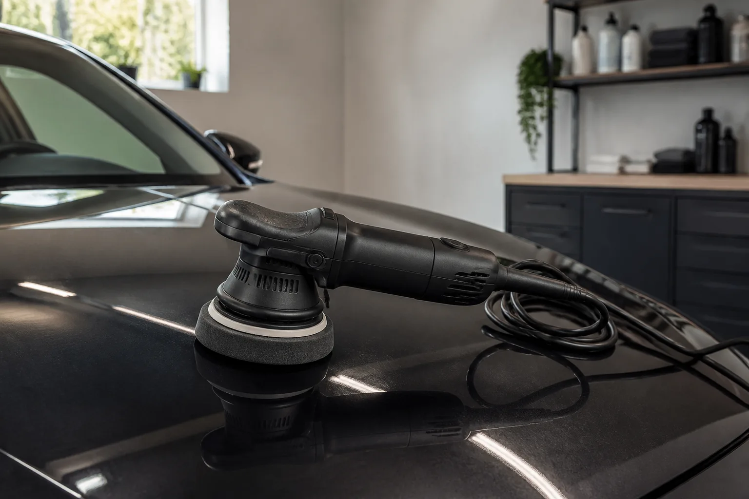 Generisk oscillerande polermaskin på en ren motorhuv i ett ljust garage.