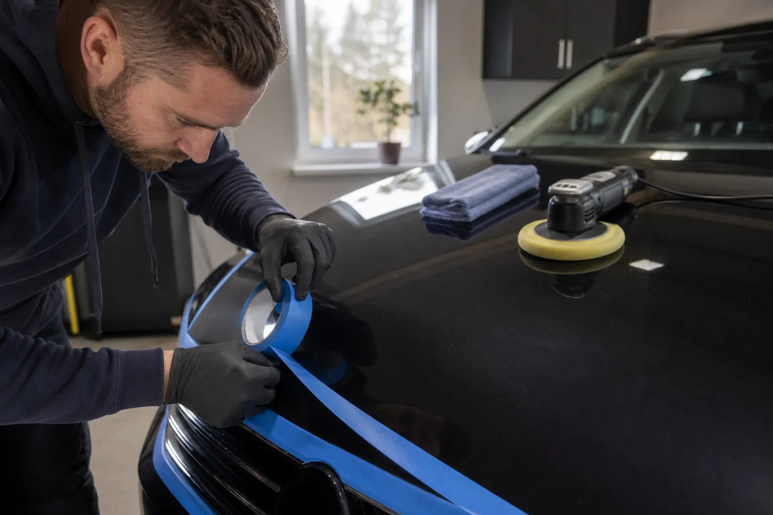 Bilens plastlister och skarpa lackkanter maskerade före maskinpolering.