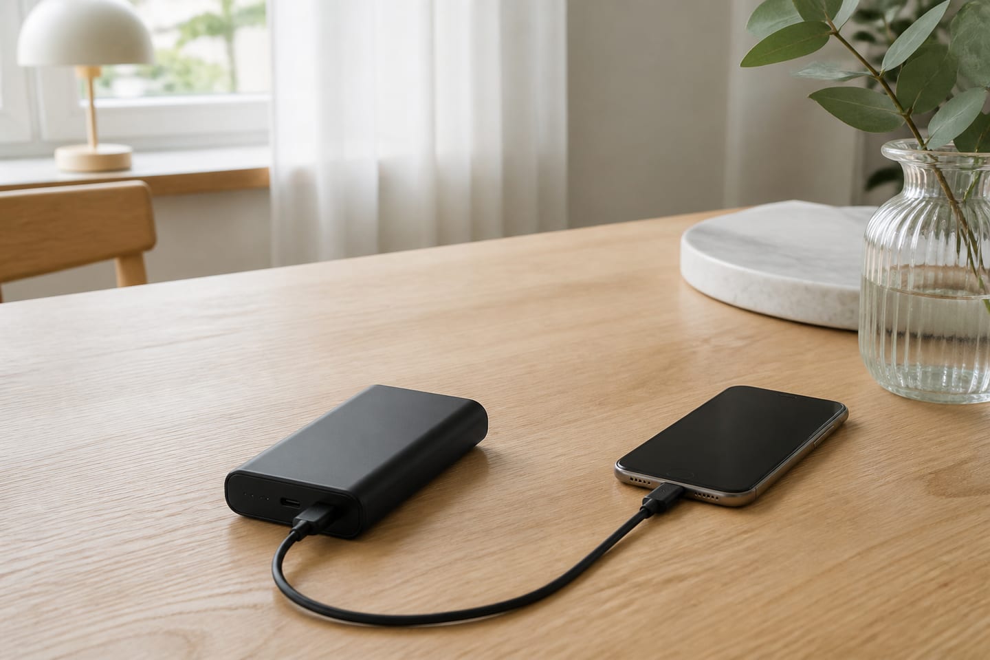 Svart powerbank utan synligt varumärke bredvid mobiltelefon, USB-C-kabel och ryggsäck.