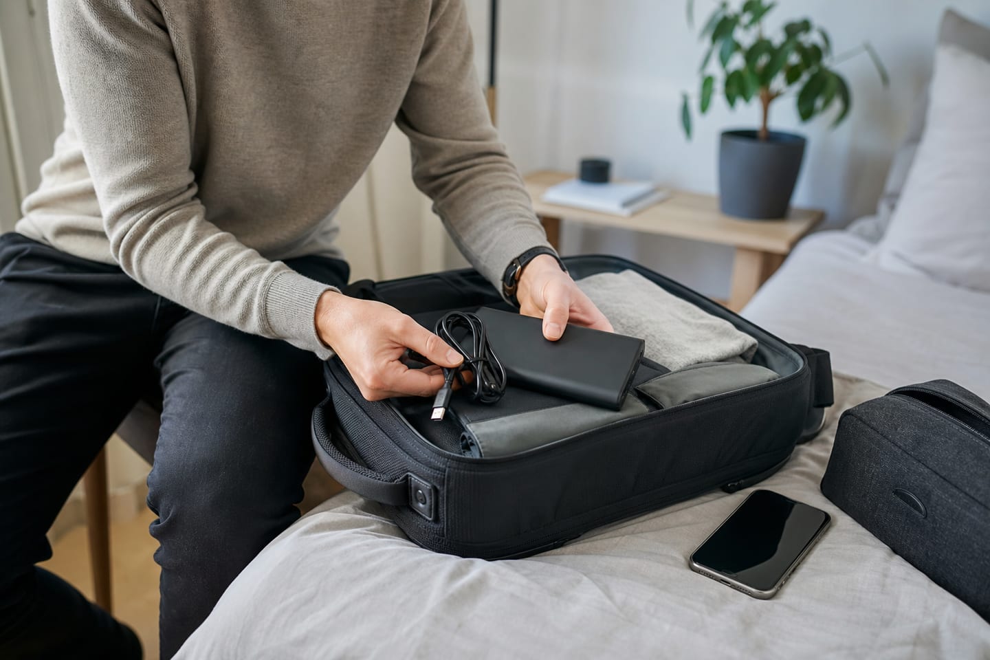 Powerbank placerad i handbagage inför en flygresa.