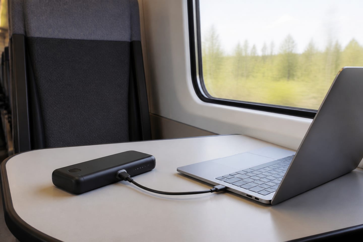 Laptop som laddas från en powerbank med USB-C på ett tåg.
