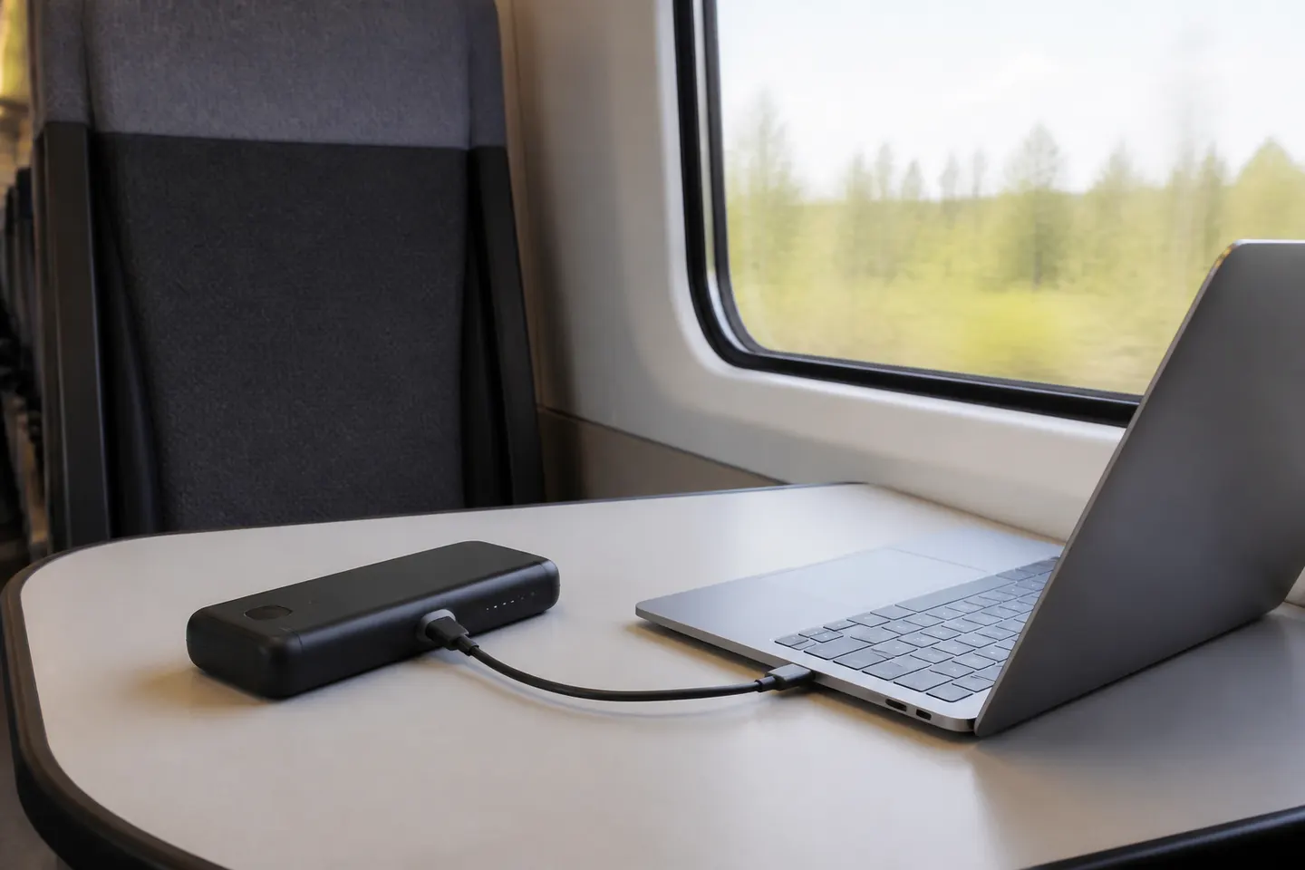 Laptop som laddas från en powerbank med USB-C på ett tåg.