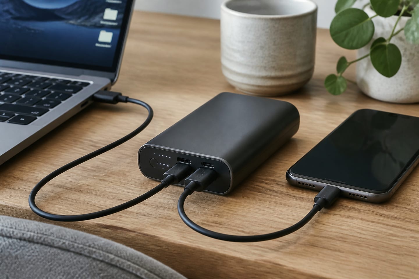 Powerbank med märkta USB-C-kablar för olika laddeffekt.