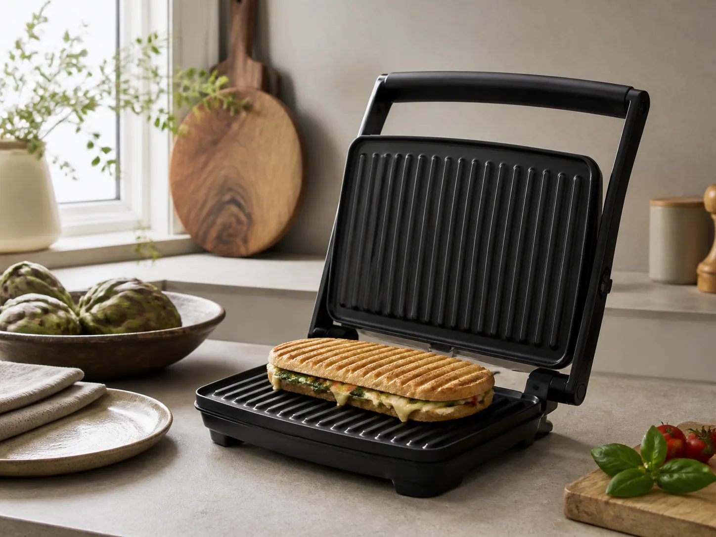Öppen smörgåsgrill med två nygrillade varma smörgåsar på en köksbänk.