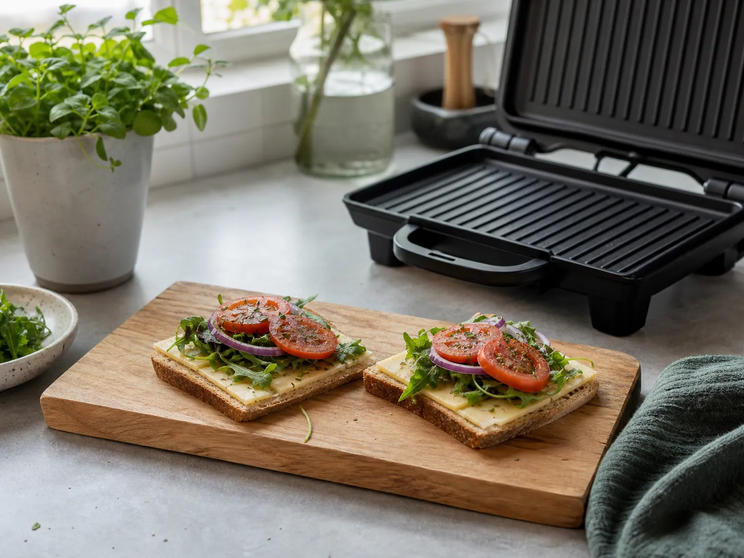 Smörgåsar med måttlig fyllning av ost och grönsaker före grillning.
