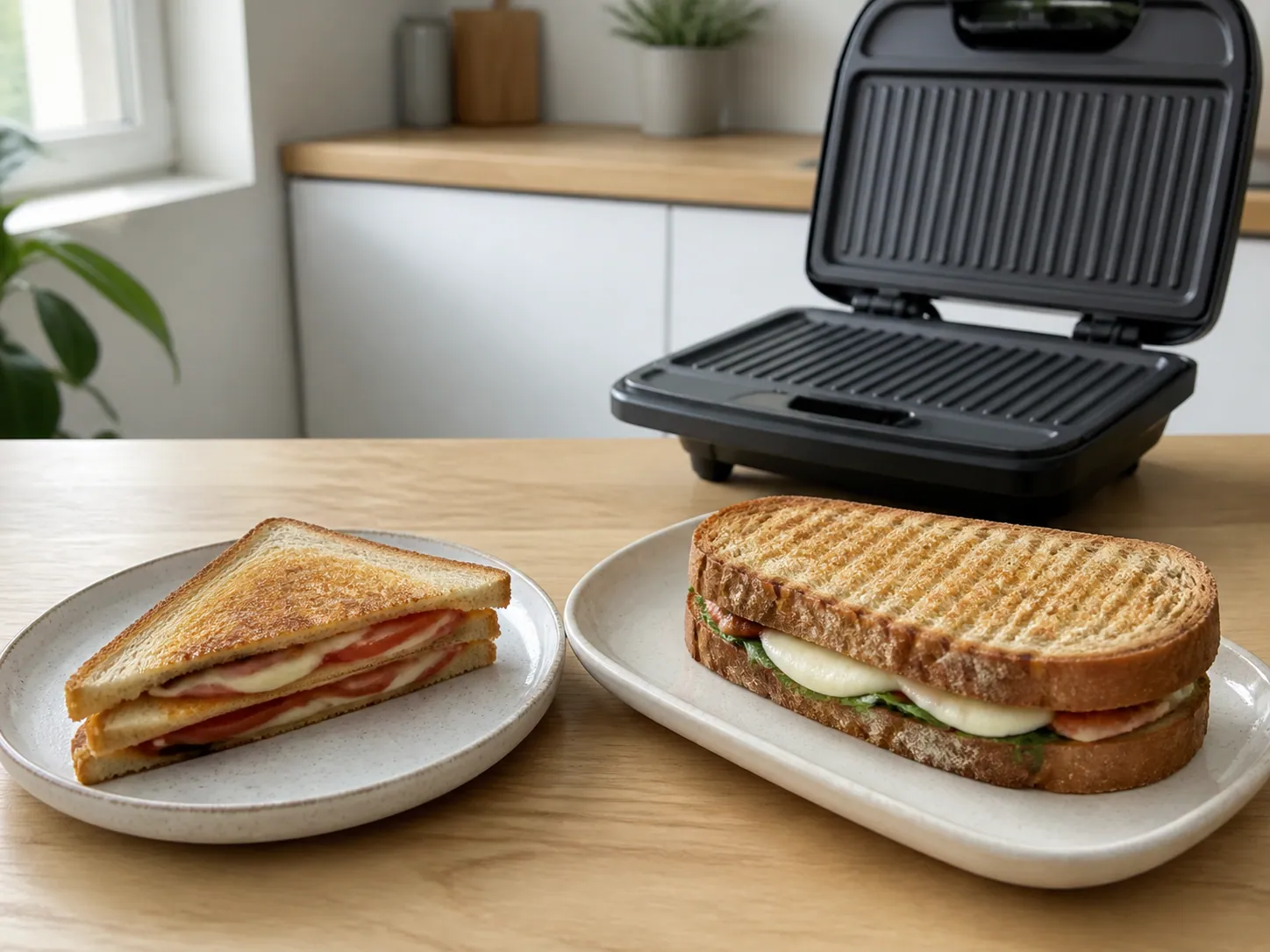 Klassisk formpressad toast och tjock panini bredvid olika grillplattor.