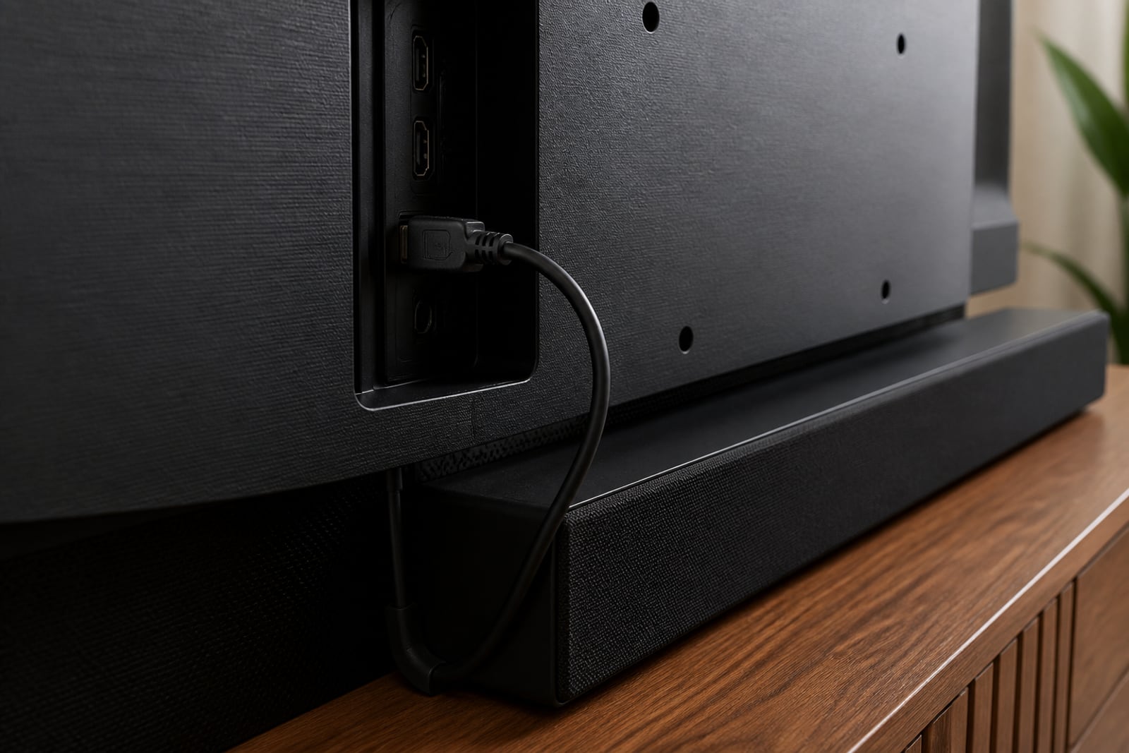 HDMI eARC-kabel mellan tv och soundbar bredvid nätverksanslutning.