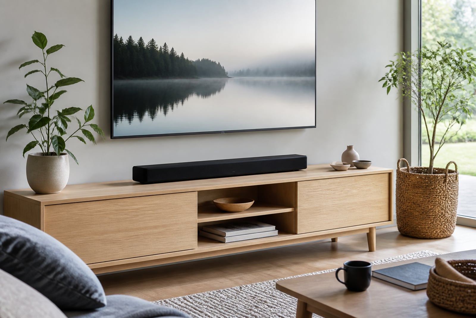 Soundbar framför en tv i ett modernt vardagsrum.