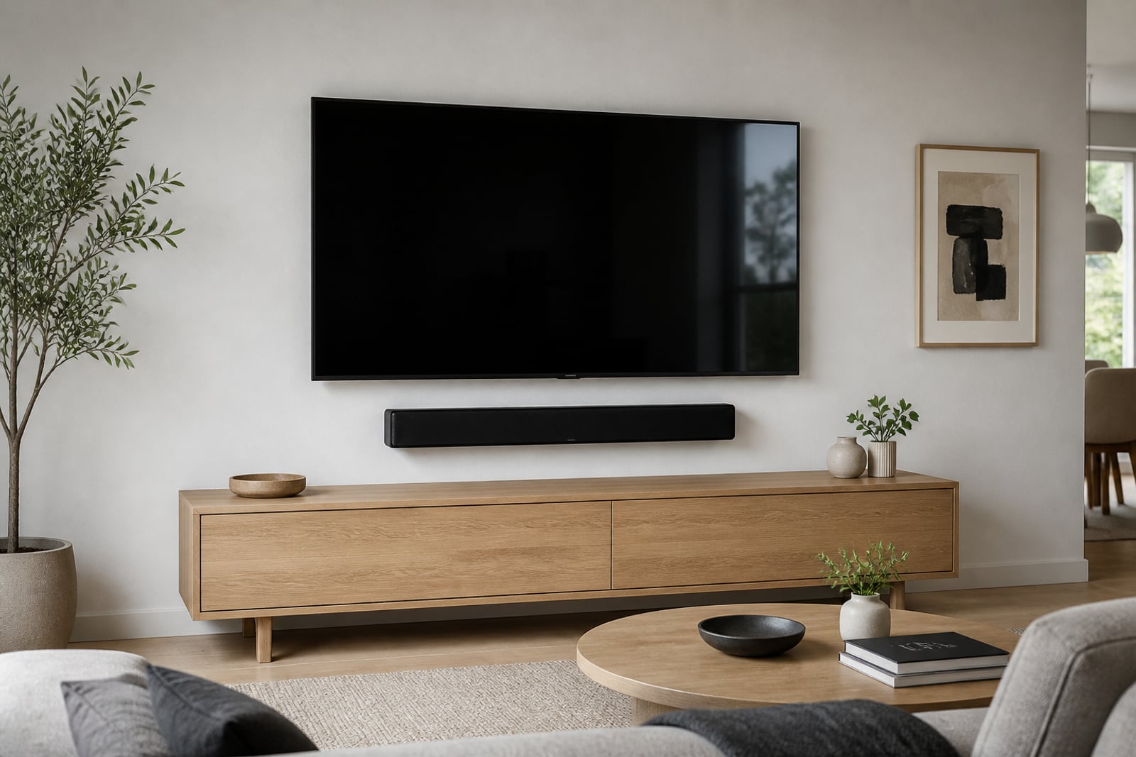 Soundbar centrerad under en tv med fri väg för uppåtriktade högtalare.