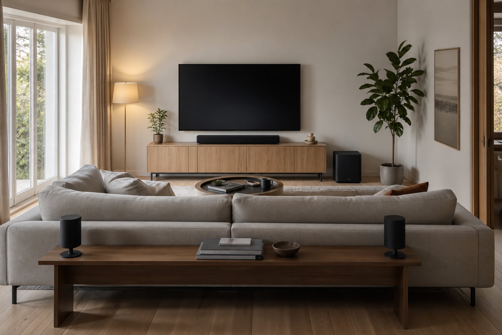 Vardagsrum med soundbar, subwoofer och två bakhögtalare runt en soffa.