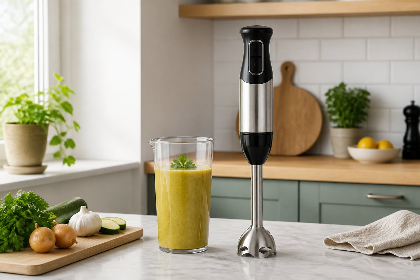 Stavmixer som mixar en slät grönsakssoppa i en hög kastrull.