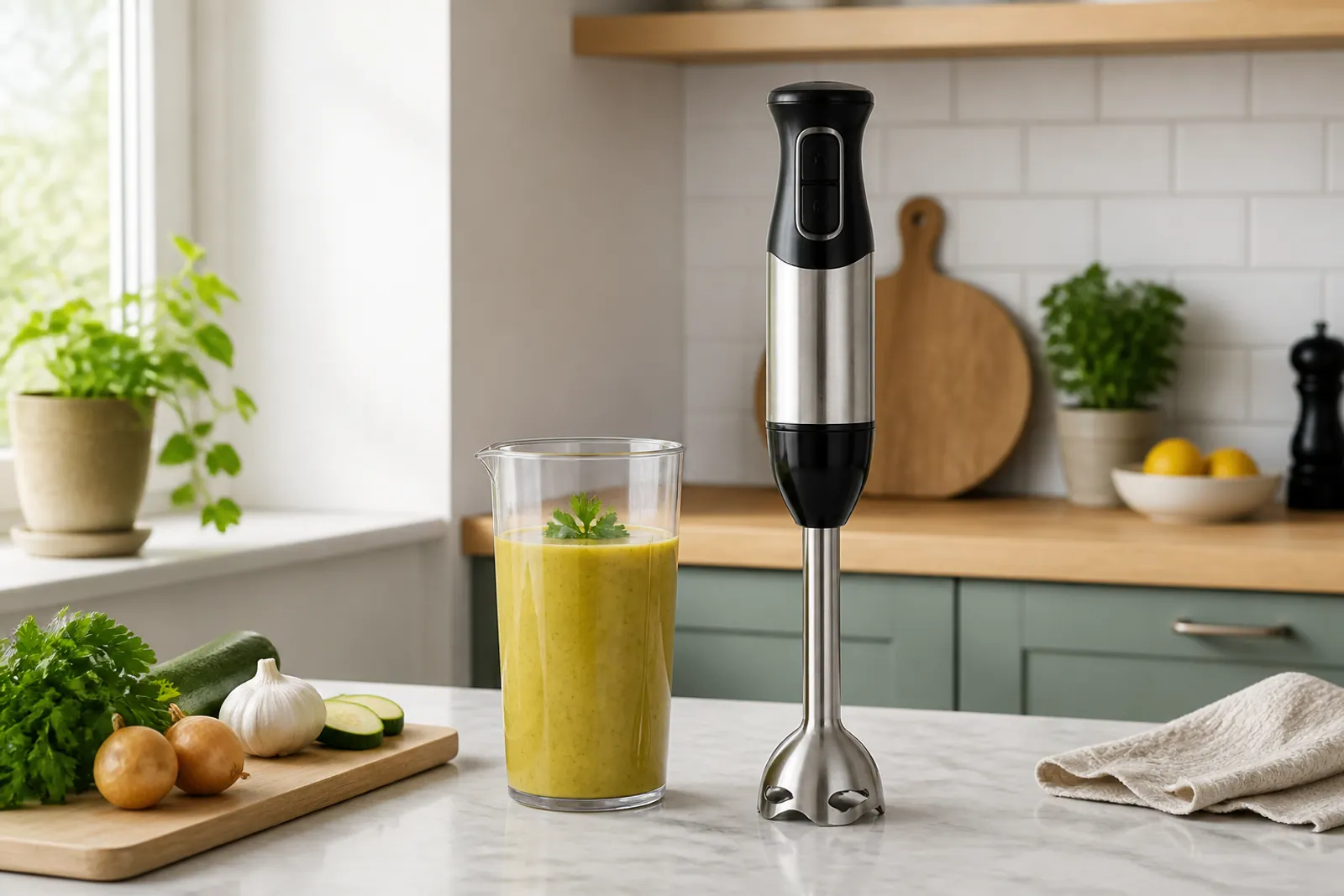 Stavmixer som mixar en slät grönsakssoppa i en hög kastrull.