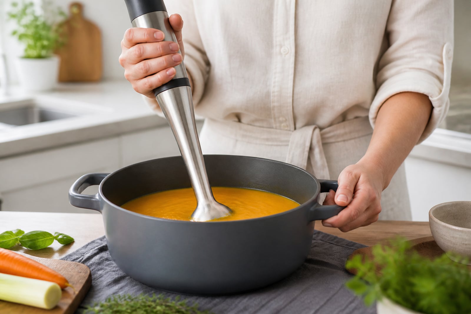 Stavmixer nedsänkt i soppa med knivskyddet under vätskeytan.