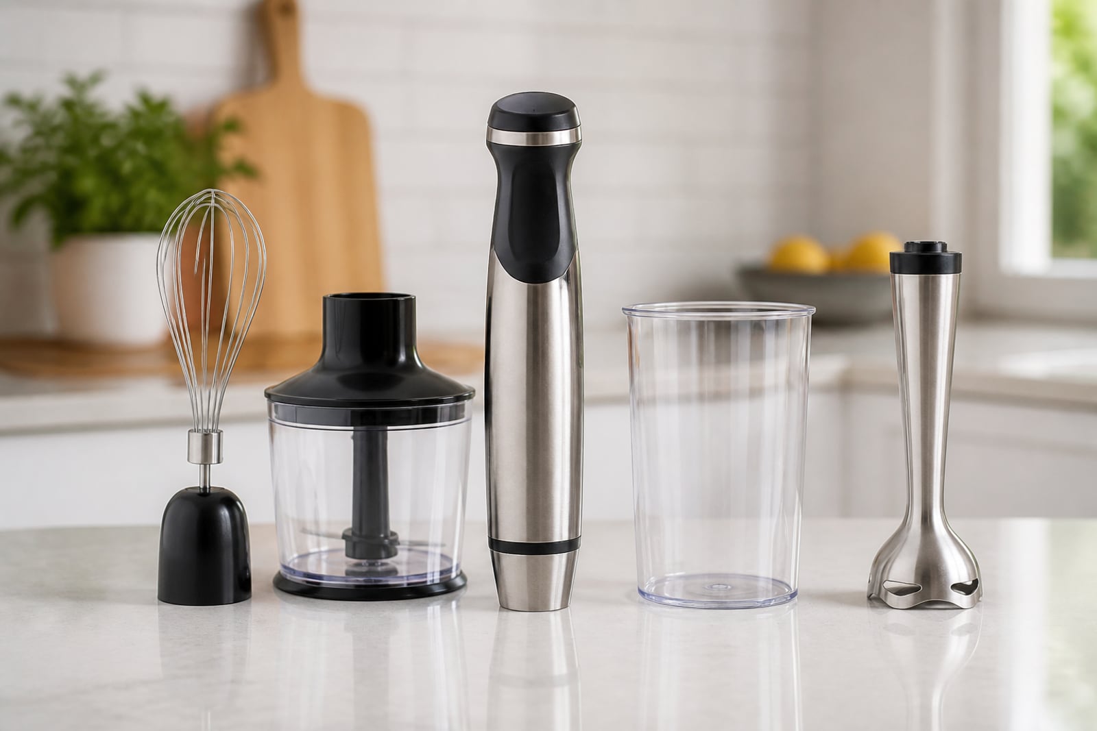 Stavmixer med måttbägare, visp och liten hackare på köksbänk.