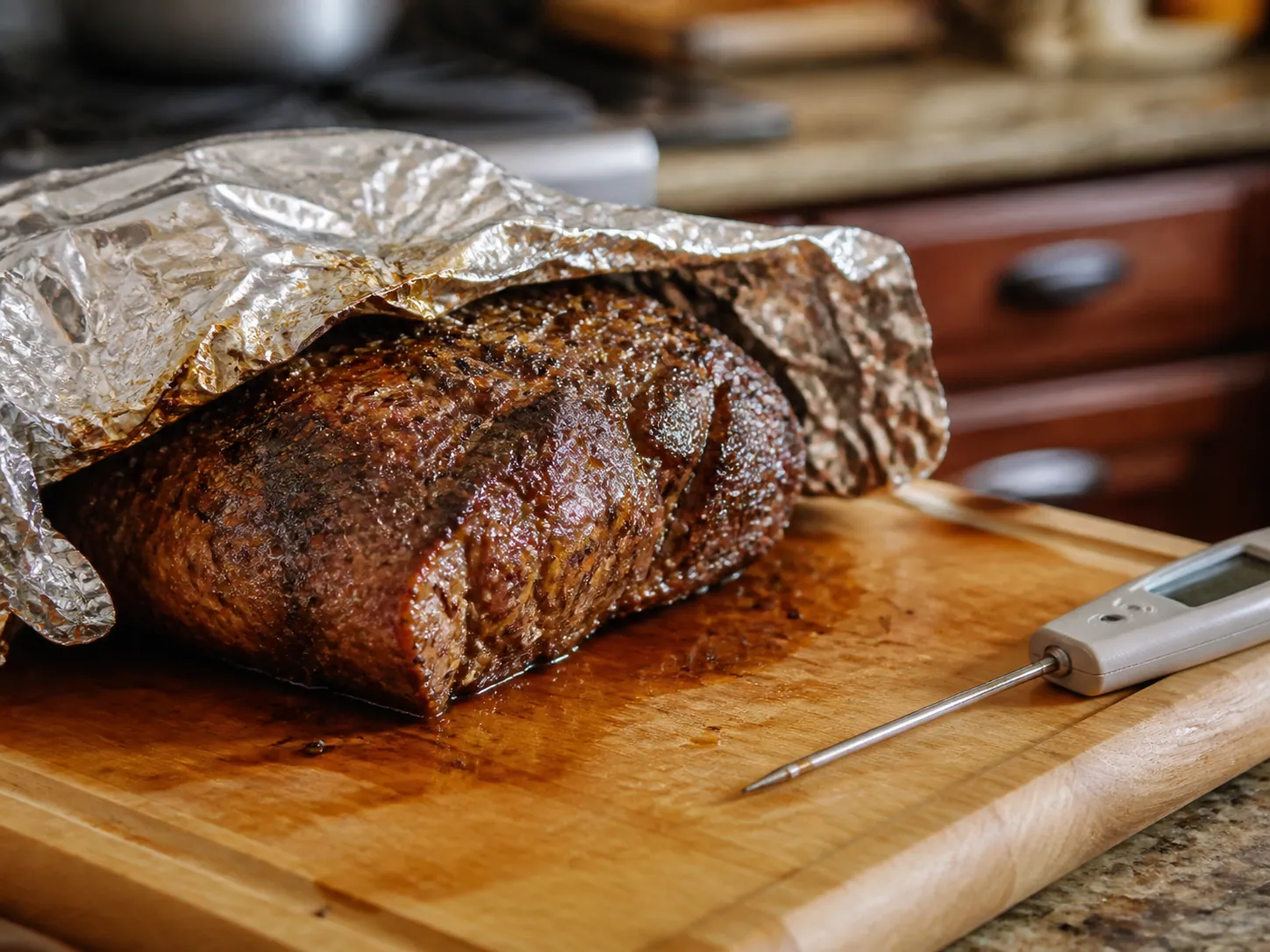 Tillagat kött som vilar på skärbräda med en stektermometer bredvid.