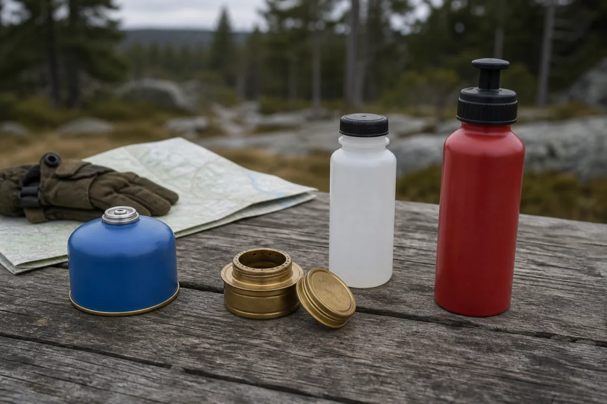 Gasbehållare, spritbrännare och flerbränsleflaska ordnade bredvid friluftsutrustning.