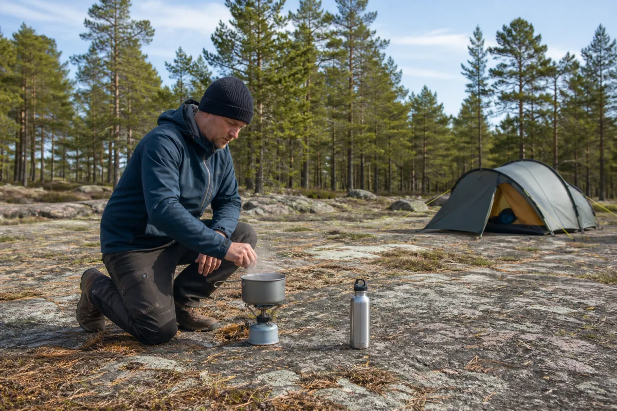 Person som lagar mat säkert på stormkök långt från tält och torr vegetation.