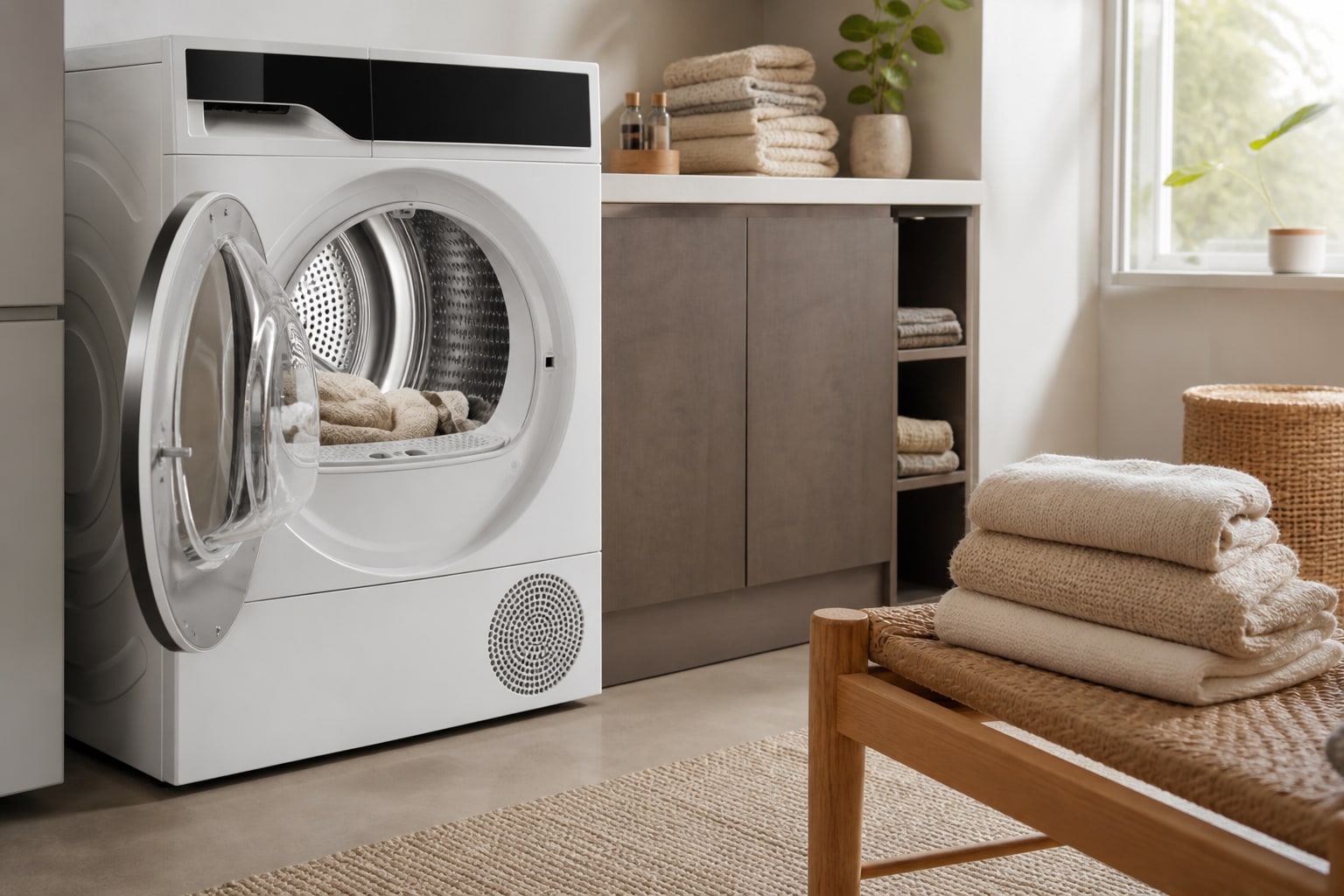 Energimärkning och tvättkorg bredvid en torktumlare med värmepump.