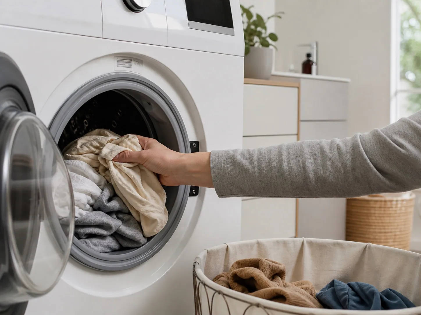 Flytande tvättmedel, doseringsmått och tvättmaskinens tvättmedelsfack.