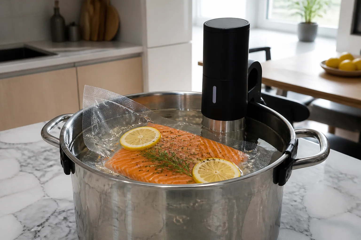 Vakuumförpackad råvara som tillagas i vattenbad för sous vide.