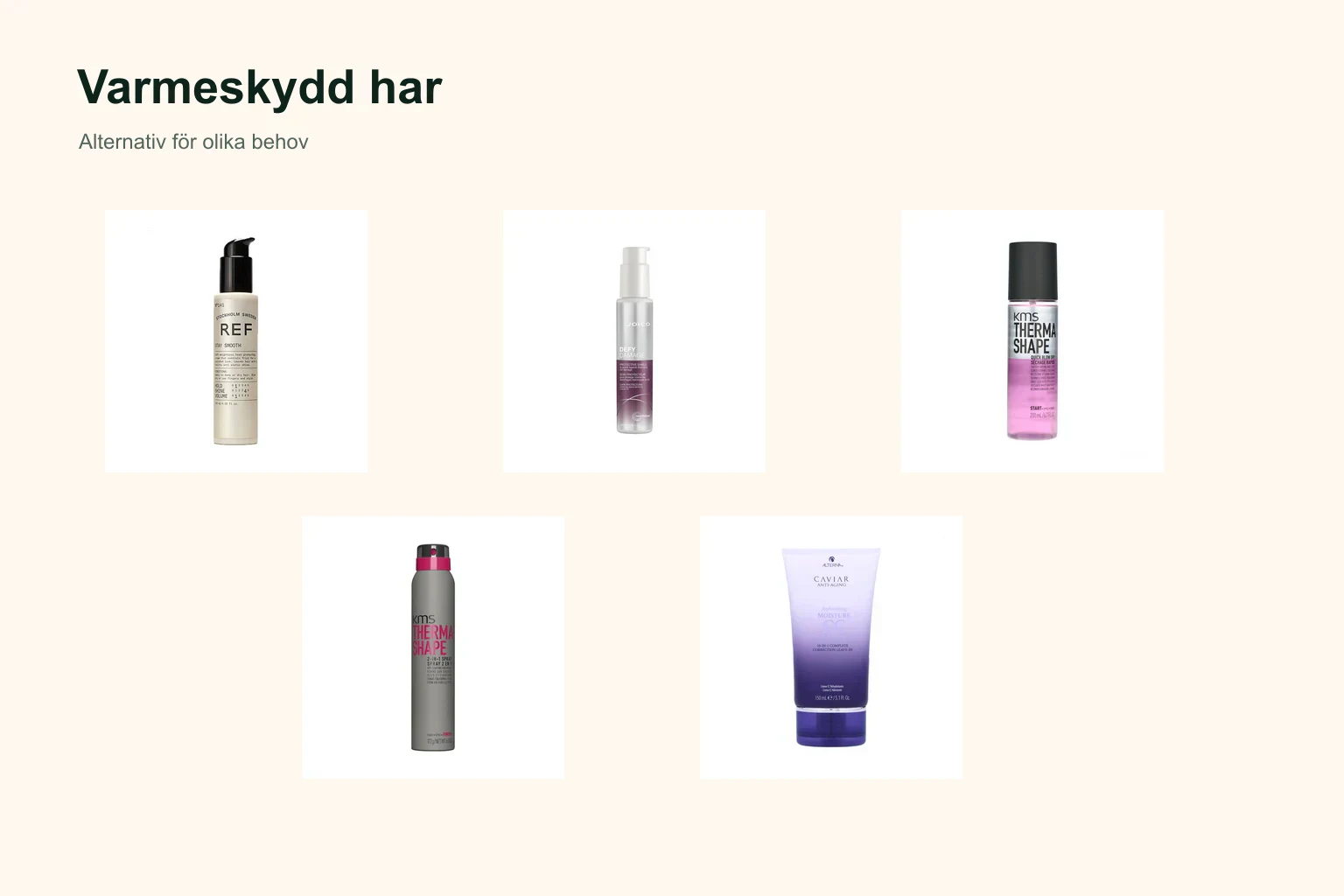 De fem utvalda produkterna i Testnavets jämförelse av värmeskydd hår.