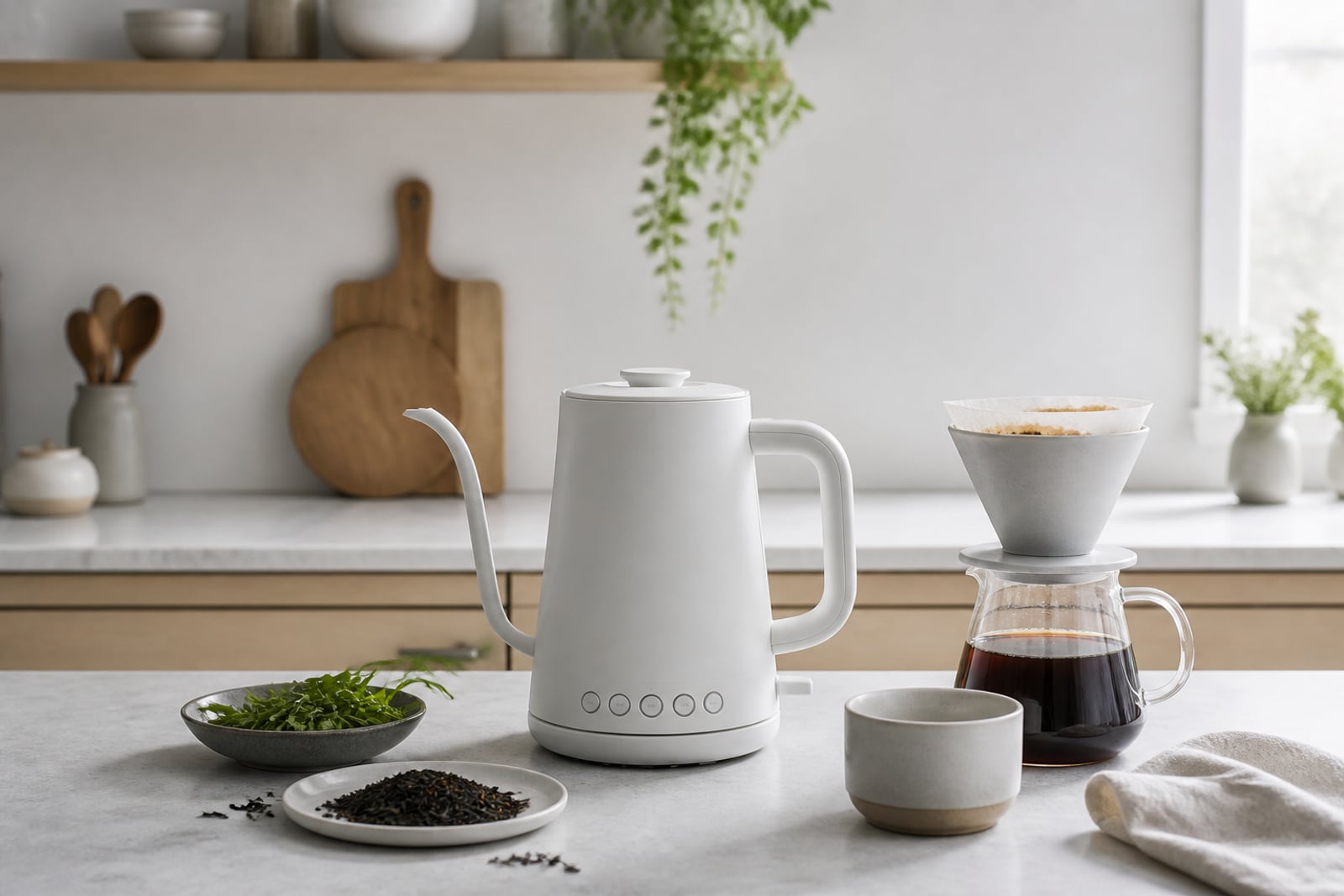 Vattenkokare med temperaturval bredvid grönt te och kaffe.