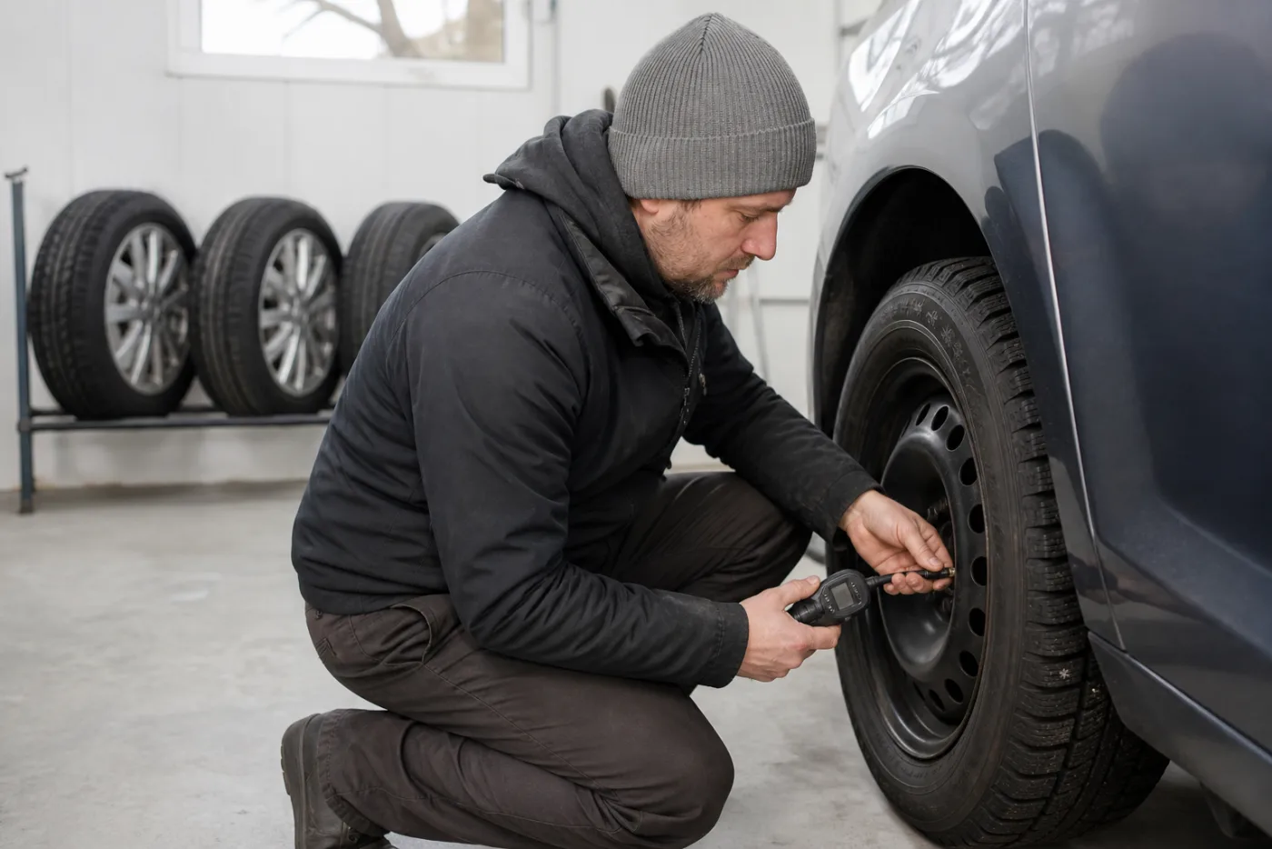 Däcktryck kontrolleras på ett kallt vinterdäck i ett garage med hjulförvaring.