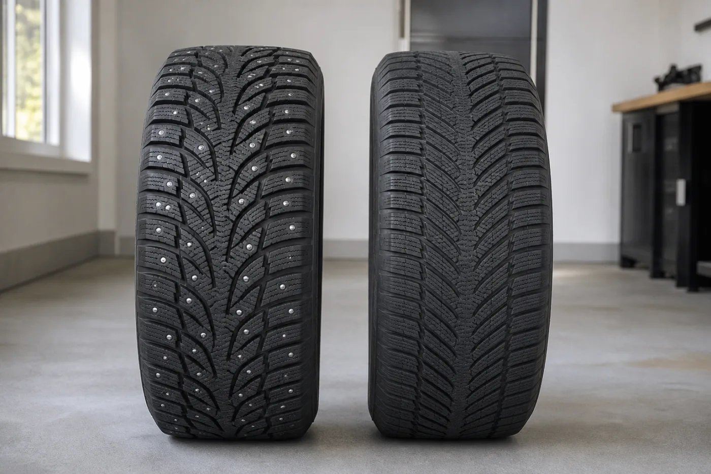 Dubbat vinterdäck och nordiskt friktionsdäck sida vid sida i ett garage.