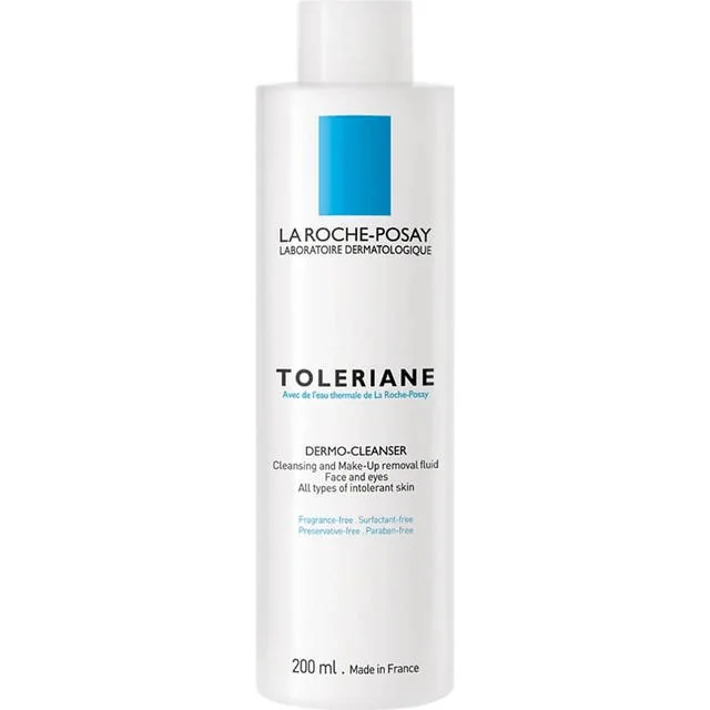 La Roche-Posay Toleriane Dermo-Cleanser i vit 200 ml-flaska med blå pump.