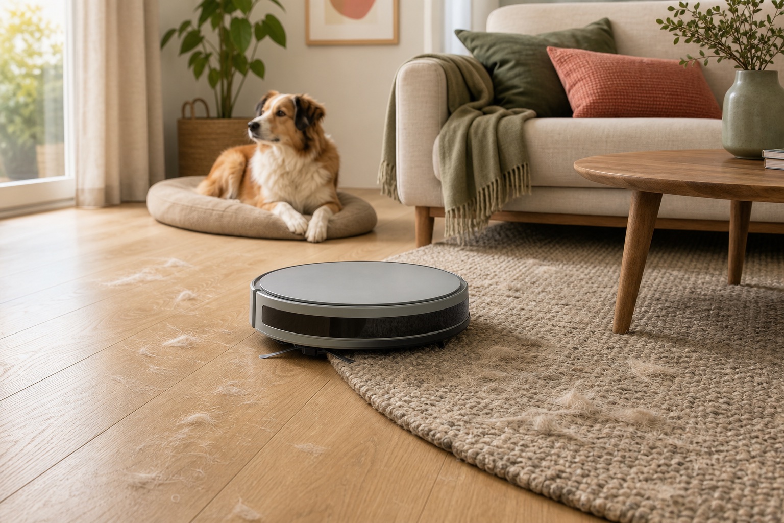 Robotdammsugare som städar hundhår på trägolv och matta i ett vardagsrum.